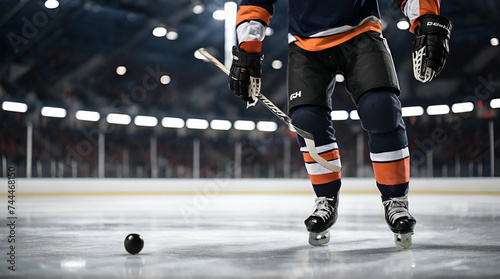 Close up of hockey player skating with stick and puck. generative.ai