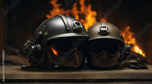 a couple of helmets sitting on top of a fire. Generative.ai © Amara