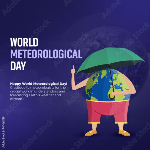 World Meteorological Day card with a blue background, featuring a globe and umbrella. Highlights the importance of weather and climate with a message of global awareness