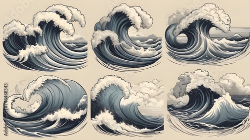 Sea waves sketch. Storm wave, vintage tide and ocean beach storms hand drawn vector illustration set