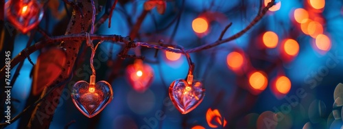 Galand of heart shaped lights with bokeh background. Saint valentine background  photo