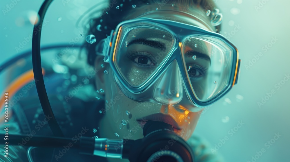 Young Female Scuba Diver Exploring Underwater Seascape