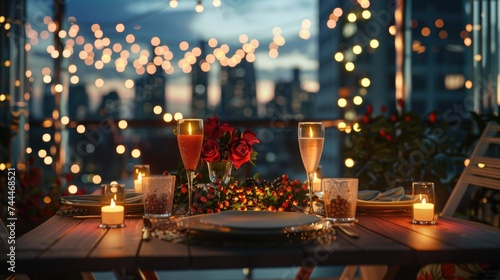 Romantic Dinner Setup with City Lights and Champagne