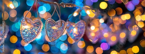 Galand of heart shaped lights with bokeh background. Saint valentine background  photo