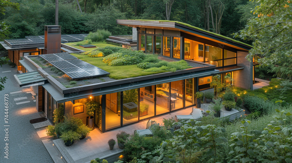 Eco-friendly residence with a green living roof, solar panels, and sustainable landscaping, showcasing a commitment to modern and environmentally conscious design