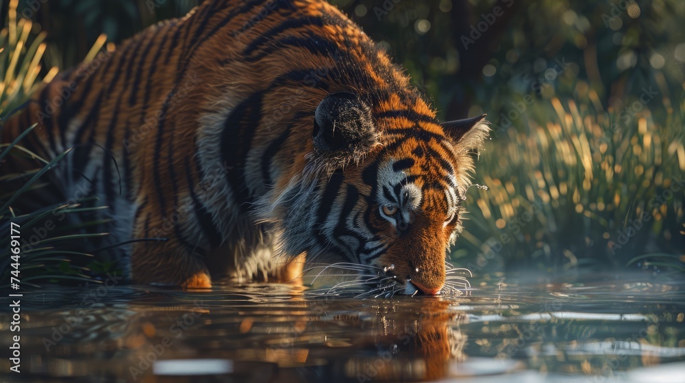 Majestic Bengal Tiger Crouching by Water in Natural Habitat at Twilight