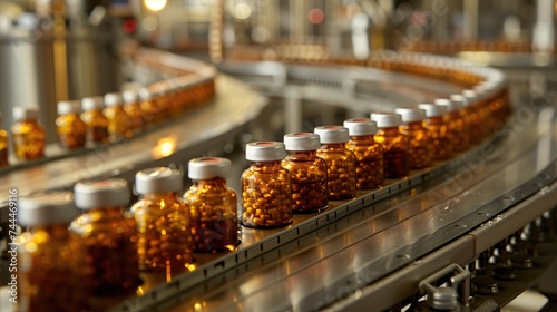 Pharmaceutical production line: medical vials and tablets manufacturing, automated process of drug production in modern pharmaceutical facilities, ensuring quality and efficiency