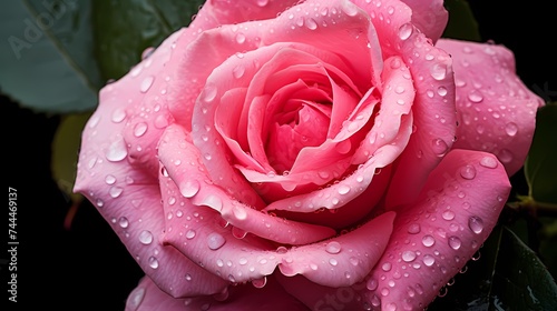 A close-up of a blooming pink rose with dewdrops on its petals.