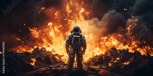 Astronaut looks on as Earth burns and lava consumes it True depiction. Concept Photography, Astronaut, Earth, Burning, Lava