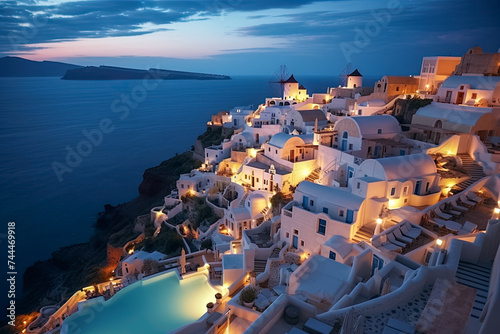 Romantisches Dorf mit weissen Häusern am Meer am Abend, Santorin, Generative AI