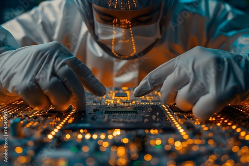 A male design engineer in sterile coveralls carefully inspects a microchip while wearing gloves inside a factory environment.