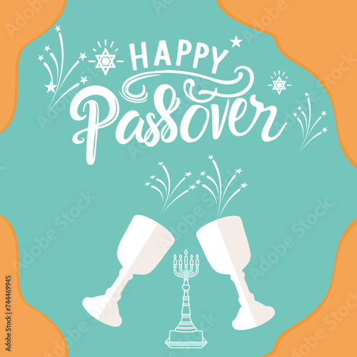 happy Passover text post banner. hand drawing lettering square template background Vector illustration