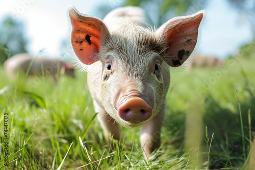 Cerdo joven mirando a la cámara en pasto © Pilar
