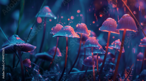 Enchanting forest mushrooms in twilight, suitable for fantasy gaming backgrounds and nature illustrations