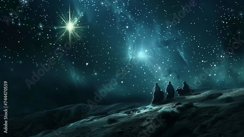 Magical starry night sky with a guiding star, ideal for Christmas nativity scenes and religious storytelling. photo