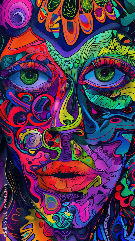 Abstract psychedelic portrait for modern graphic t-shirts, vibrant posters, or youth culture themed projects
