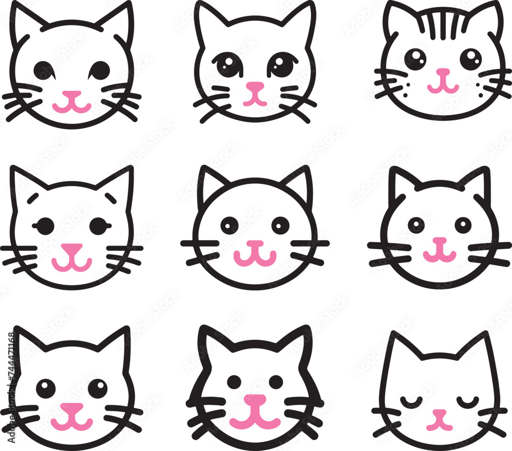 Cute cartoon cat doodle set, funny vector icons. Hand drawn sketch style cat characters faces Cute cartoon cat doodle set, funny vector icons. Hand drawn sketch style cat characters faces