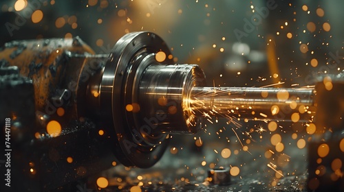 Refining the metalworking process: Perfecting the internal steel surface on a lathe grinder machine, with sparks flying. photo