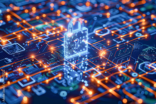 Digital illustration of a glowing padlock on a circuit board  symbolizing cybersecurity and data protection.