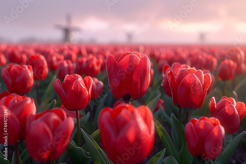 Field of Red Tulips With Cross in Background
