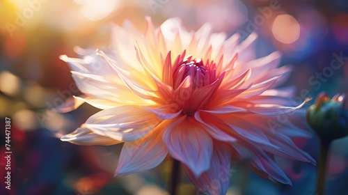 A close-up of a vibrant flower with a dreamy, blurred garden in the background.