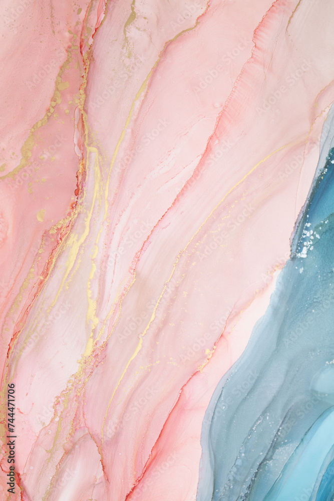 Obraz premium Beautiful background with smudges and stains alcohol ink. Abstract blue, red art with gold.