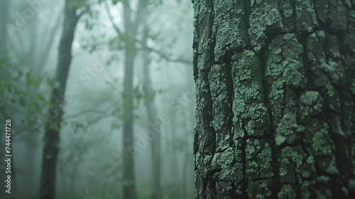 Green tree trunk in foggy forest