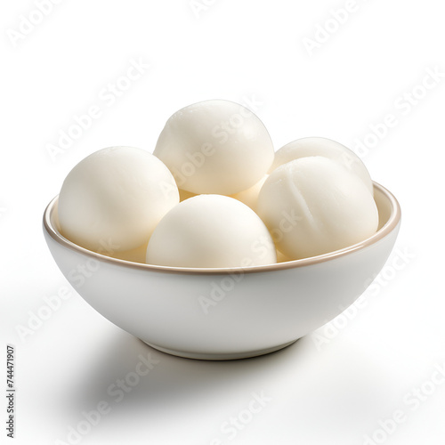 Rasgulla on Bowl With white background, Indian Rasgulla or Rosogulla dessert/sweet served in a bowl. selective focus, Ras Gulla is a Syrupy Dessert Popular in India. Generative Ai 