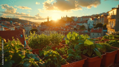 Lush green vegetable plants thriving in container plots on a rooftop farm  with a backdrop of city buildings under a clear sky.