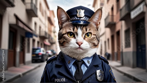 Tabby Cat in Police Uniform on Urban Street Patrol © giovanni