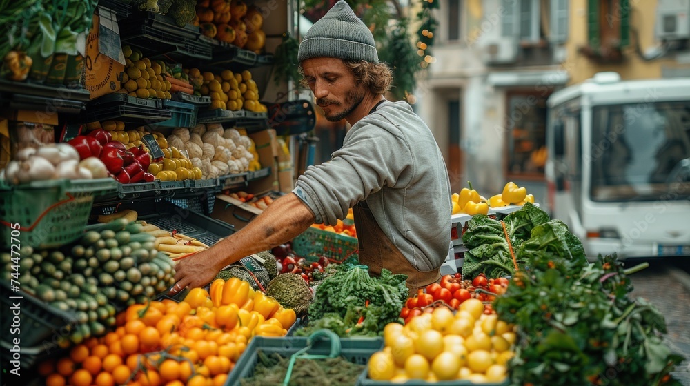 A man with a cap is arranging boxes of crisp vegetables at a bustling street market stall during the morning.