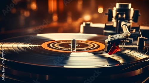 A close-up of a vinyl record spinning on a turntable, capturing the essence of music.