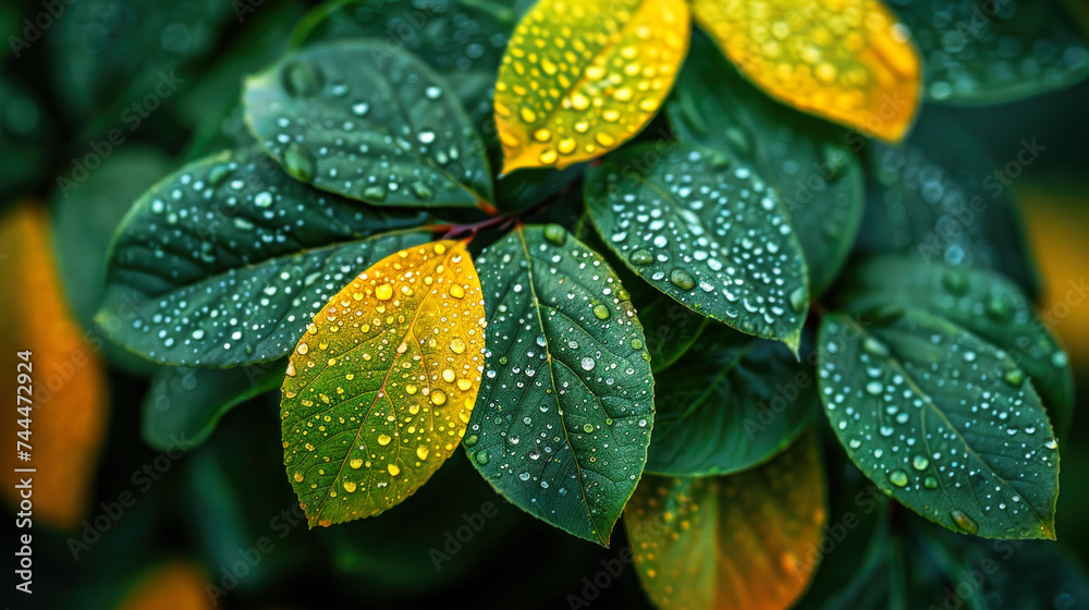 Fresh Green and Yellow Leaves with Dew Drops Close-up Fresh Green and Yellow Leaves with Dew Drops Close-up