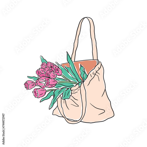 Pink flower in a basket, pink tulip in a tote bag vector, sketch flowers liine art