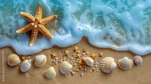 Starfish, Shells, and Seashells on Sandy Beach