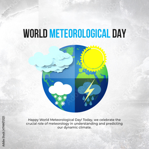 World Meteorological Day card with a white background, featuring a globe and weather icons. Highlights the importance of weather and climate with a message of global awareness