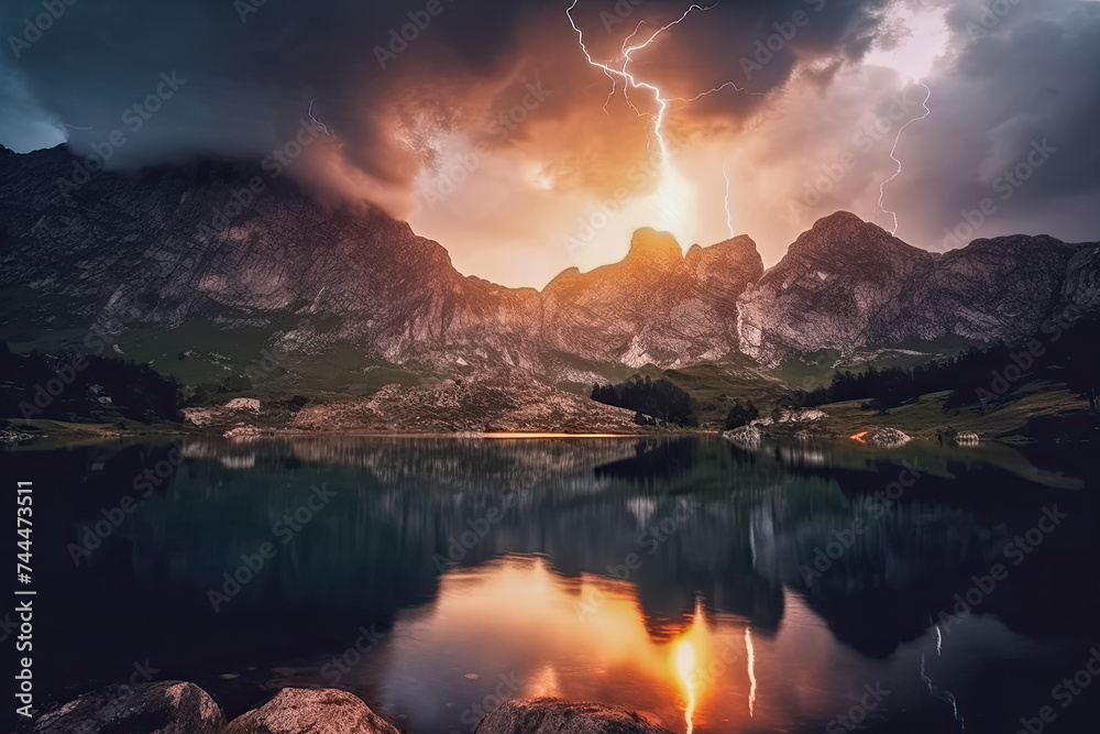 Gewitter mit Blitzen im Gebirge bei Nacht, Generative AI - obrazy, fototapety, plakaty 