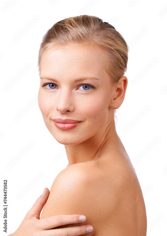Portrait, skincare and makeup with shoulder of woman in studio isolated on white background for self care. Face, beauty and aesthetic with confident young person at salon for cosmetics or dermatology Portrait, skincare and makeup with shoulder of woman in studio isolated on white background for self care. Face, beauty and aesthetic with confident young person at salon for cosmetics or dermatology