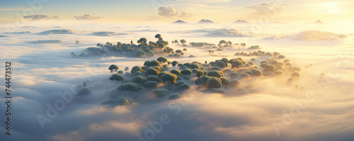 Forest in fog with trees rised from mist. Misty landscape