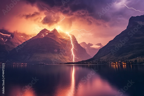 Gewitter mit Blitzen im Gebirge bei Nacht, Generative AI