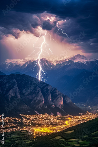 Gewitter mit Blitzen im Gebirge bei Nacht, Generative AI