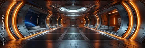 Technology futuristic background interior science fiction. Hi tech smart manufacturing automation concept. Futuristic space station or spaceship interior scifi style corridor or room. 