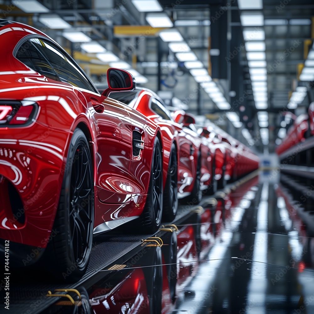 Red high Performance sports Cars parked in a raw at manufacturing factory
