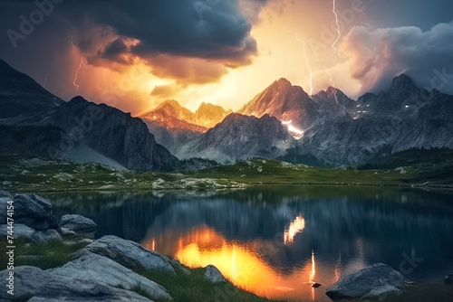Gewitter, Wetterleuchten im Gebirge bei Nacht, Generative AI photo