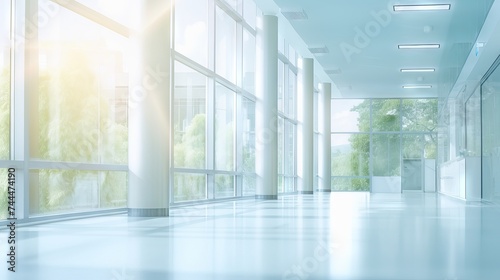 Soft Illumination  Office Medical Institution Hall with Panoramic Windows  Perspective View