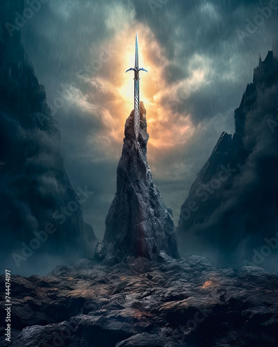 Sagenhaftes Schwert Excalibur des mystischen König Artus, Generative AI photo