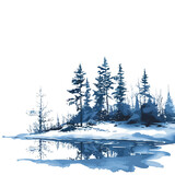 Beauty blue winter landscape with pines scene isolat