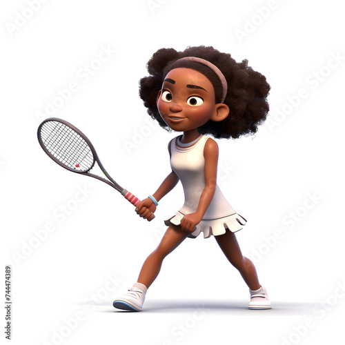 A 3d cartoon character black girl with curly hair playing tennis photo