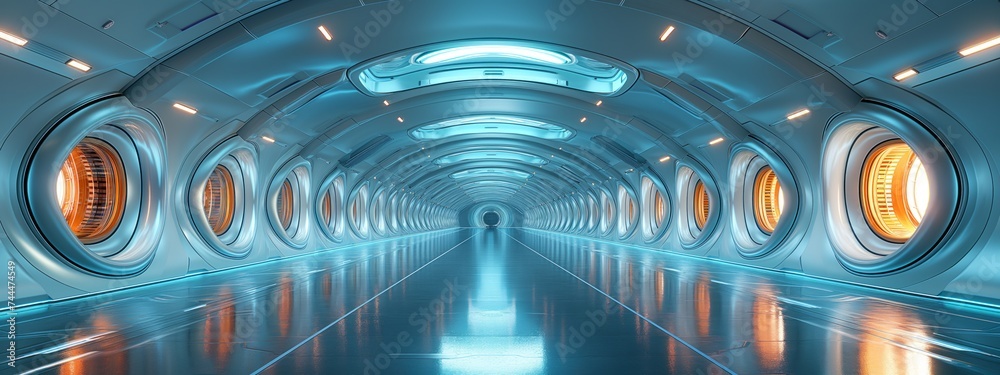 Technology futuristic background interior science fiction. Hi tech smart manufacturing automation concept. Futuristic space station or spaceship interior scifi style corridor or room.  - obrazy, fototapety, plakaty 
