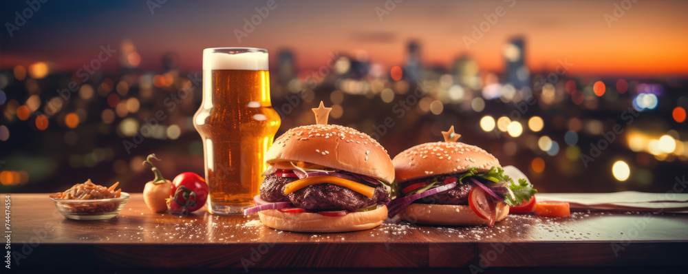Finest hamburger and beer on table against blured city background